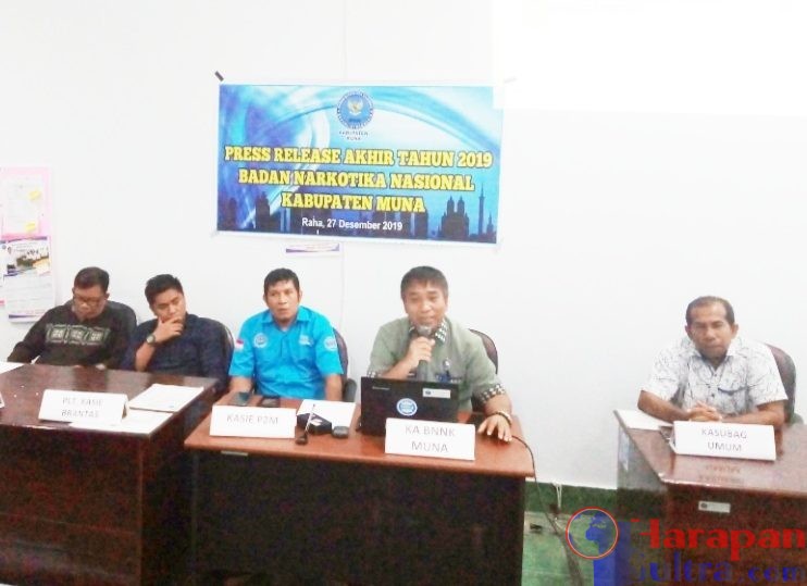 Kepala BNNK Muna, La Hasariy beserta jajarannya saat menggelar press release akhir tahun 2019.