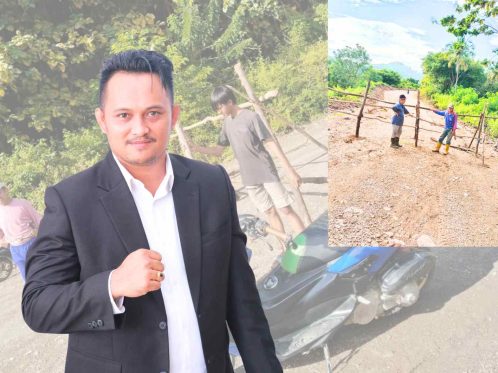 Anggota Komisi II DPRD Bombana, Yudi Utama Arsyad, dengan Baground lahan warga yang dijadikan jalan hauling saat warga lakukan pemblokiran beberapa waktu lalu