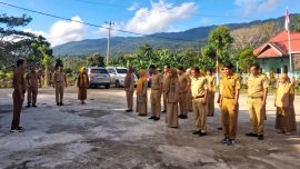 Plt Kadis PMD Bombana Hamlin menekankan disiplin ASN, penguatan budaya kerja, dan percepatan program organisasi dalam apel pagi DPMD Bombana di Rumbia.