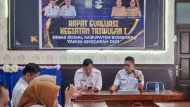 Dinas Sosial menggelar rapat evaluasi program Triwulan I Tahun 2026 dengan fokus pada rehabilitasi sosial, validasi data DTSEN, penyaluran bantuan sosial, dan kesiapan logistik kebencanaan di Bombana.