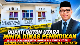 Keterangan Gambar: Bupati Buton Utara, Afirudin Mathara, SH., MH., dan background Kantor Dinas Pendidikan. ( Foto di Desain AI)