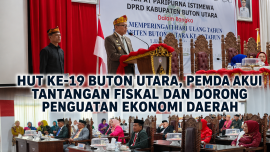 Bupati Buton Utara, Afirudin Mathara, menyampaikan pidato pada Rapat Paripurna Istimewa DPRD dalam rangka HUT ke-19 Kabupaten Buton Utara, Rabu (1/7/2026).